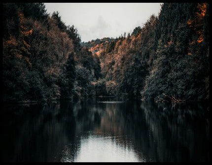 Leinwandbild von einem dunklen See der von dunklen Nadelbäumen umringt ist.