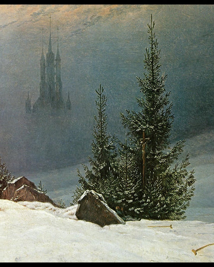 Ein Kunstdruck von einer Kreuzigung und einer Kirche in einer Winterlandschaft