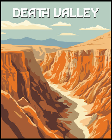 Ein Poster mit einer dramatischen Darstellung des Death Valley Nationalparks, wo tiefe, steile Schluchten die Landschaft prägen.