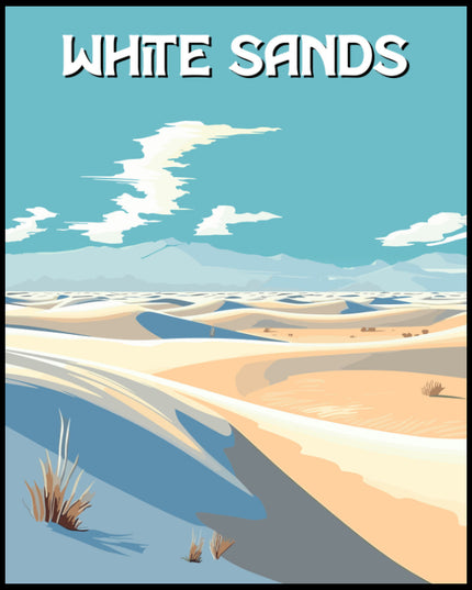 Ein Poster von einer Illustration der weißen Sanddünen im White Sands Nationalpark unter einem klaren blauen Himmel.