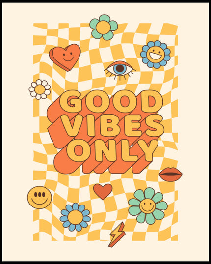 Ein Poster von einem Retro-Schriftzug "Good Vibes Only" mit bunten, fröhlichen Symbolen und Formen.