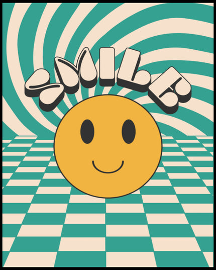 Ein Poster von einem Retro-Smiley zeigt einen gelben Smiley mit dem Schriftzug "Smile" vor einem psychedelischen Hintergrund.