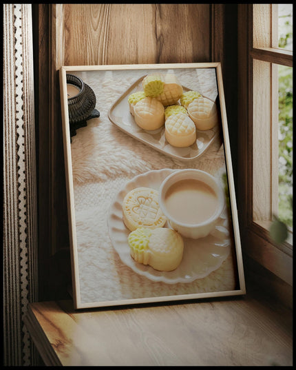 Ein gerahmtes Poster von einer Tasse Kaffee und Ananas-geformten Keksen auf einem Teller, arrangiert auf einem weichen, flauschigen Untergrund, vor einem Fenster an die Wand angelehnt