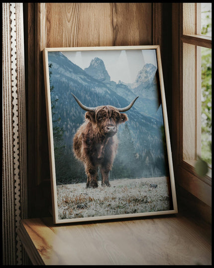 Ein gerahmtes Poster von einem Highland-Rind, das vor einer Berglandschaft steht, vor einem Fenster an die Wand angelehnt