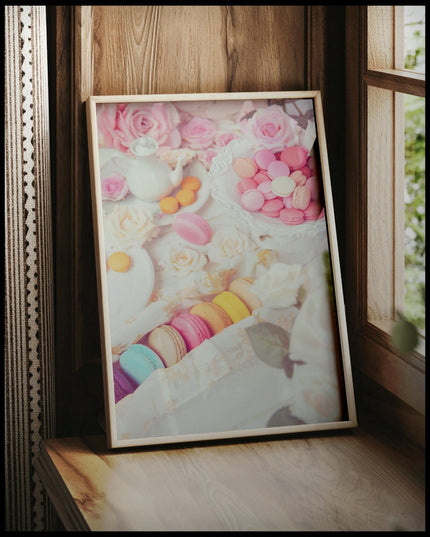 Ein gerahmtes Poster von bunten Macarons, arrangiert auf einem Tisch mit rosa Rosen und weißem Porzellan, gerollt auf einer Holzoberfläche liegend